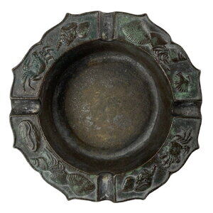 Vintage Bronze Sea Ocean Crabs Shells Scallop Ashtray Dish Patina Art Deco
